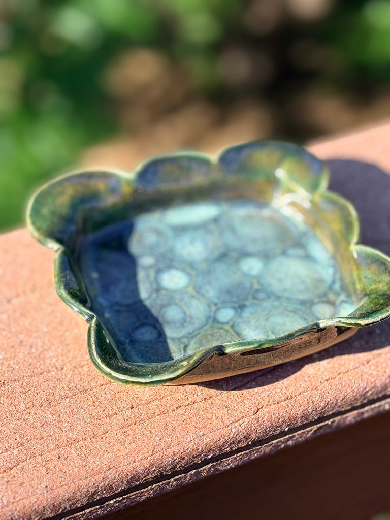 Frozen Pond Square Trinket Dish — Scalloped Edge, Green & Blue Glaze