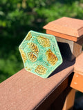 Hexagon Trinket Dish — Jade Green with Embossed Pinecones