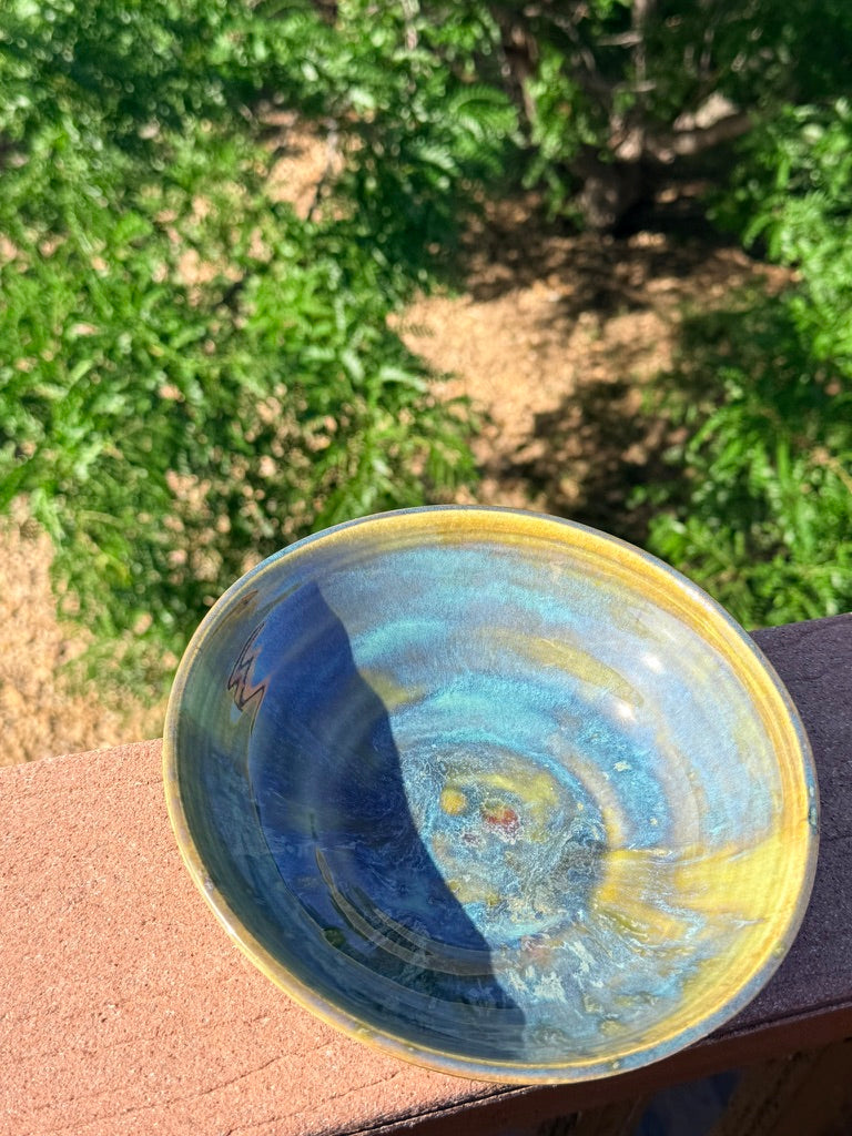 Handmade Pasta Bowl — Olive Glaze with Blue Drip