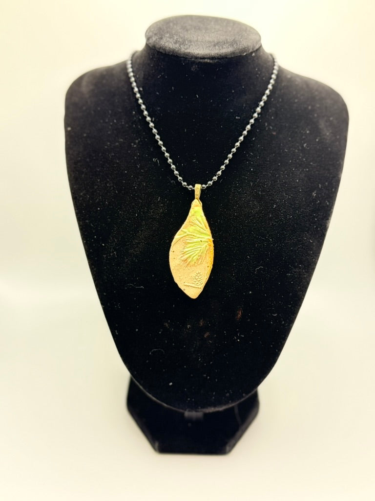 Ceramic Pendant Necklace — Speckled Clay with Green Foliage