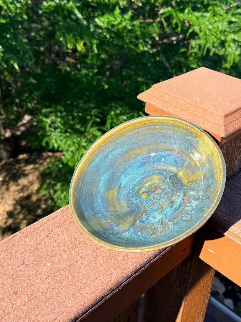 Handmade Pasta Bowl — Olive Glaze with Blue Drip