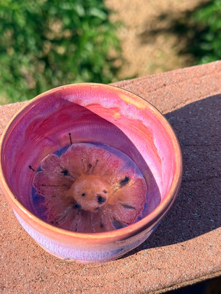 Handmade Ceramic Trinket Bowl — Pink & Lavender Glaze with Flower Detail | Karen Palen Pottery