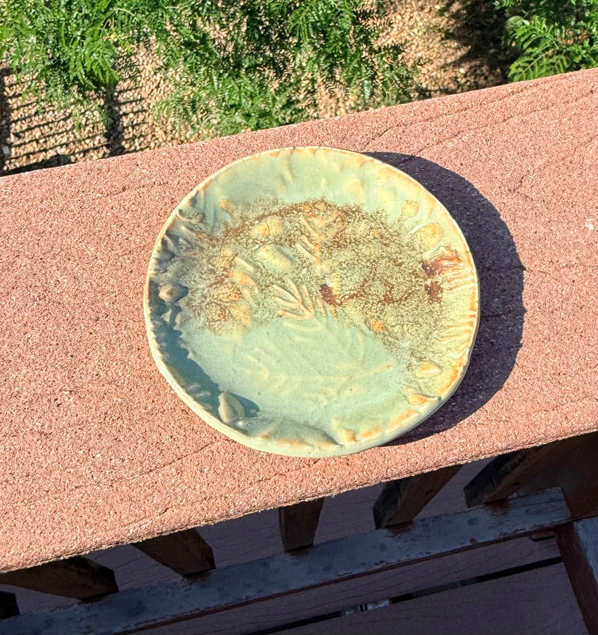 Pinecone Round Dish — Sage Glaze with Embossed Pinecones