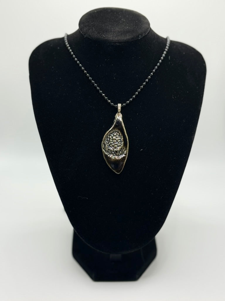 Ceramic Pendant Necklace — Metallic Brown with Pinecone Design