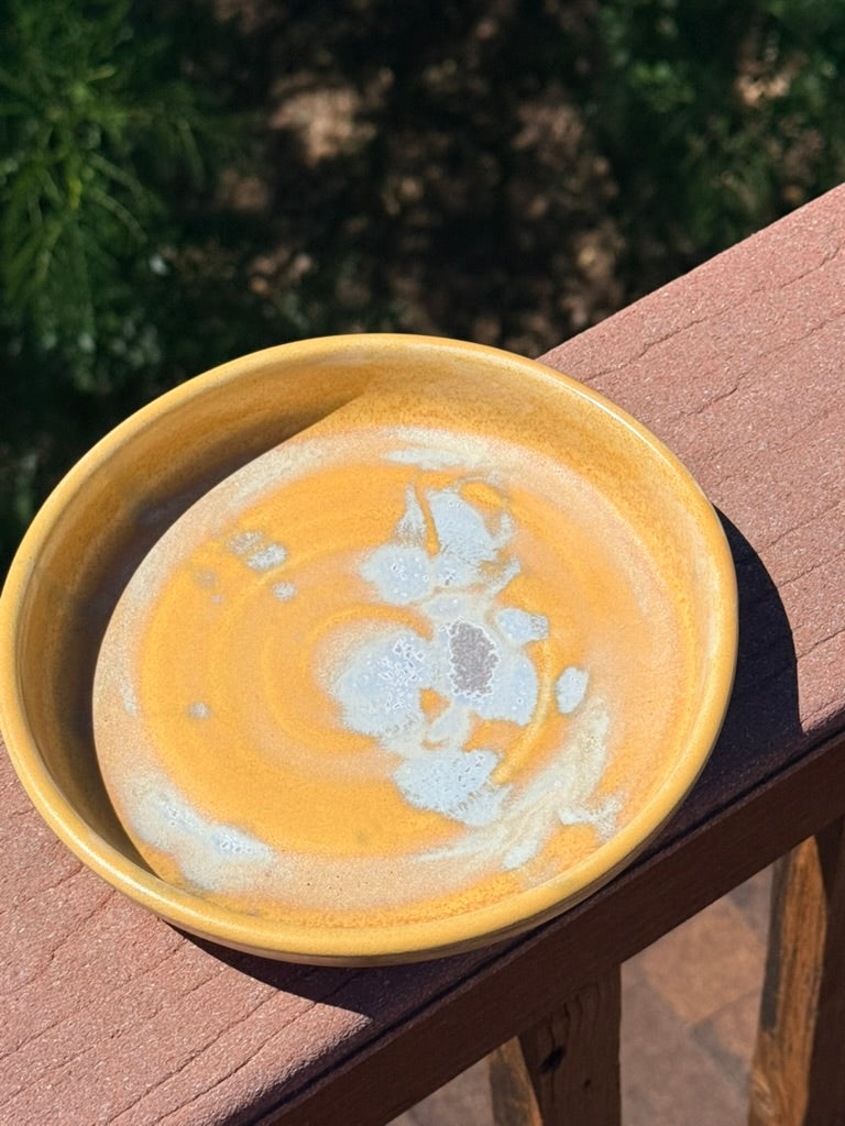 Round Ceramic Plate — Citron Yellow with Blue Oyster Glaze