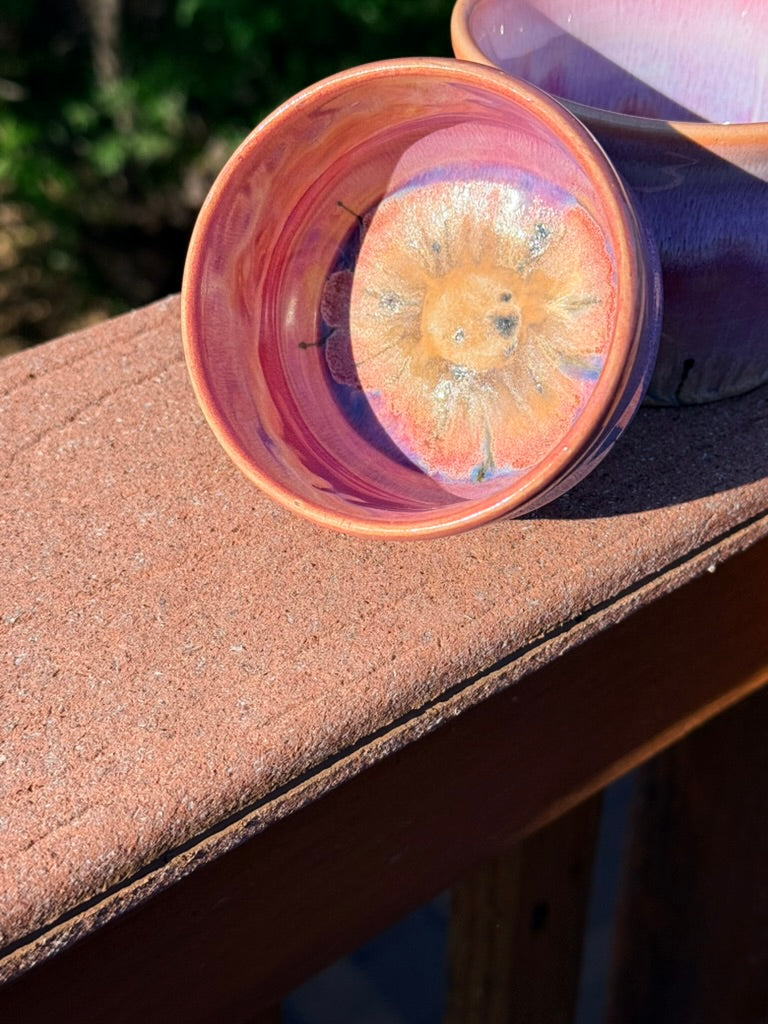 Handmade Ceramic Trinket Bowl — Pink & Lavender Glaze with Flower Detail | Karen Palen Pottery