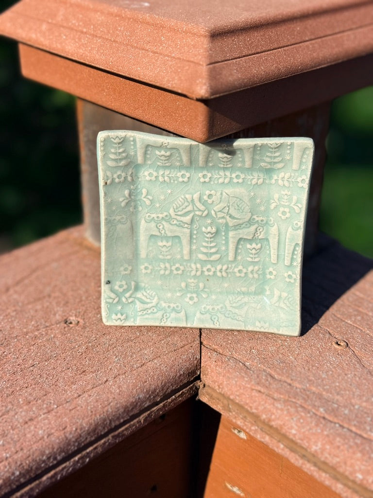 Dala Horse Square Trinket Dish — Sage Glaze with Scandi Folk Design