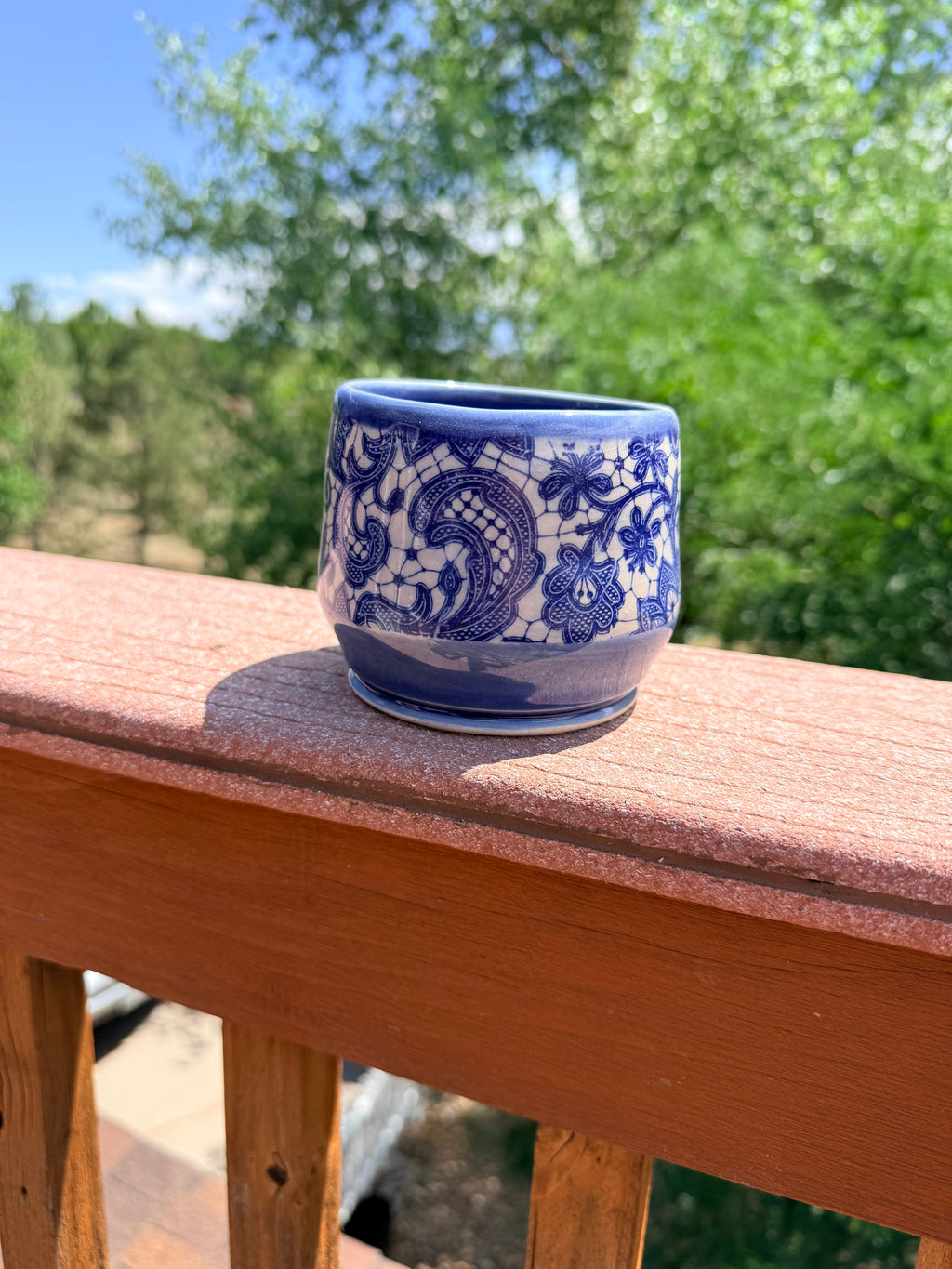 Handcrafted Blue Lacy Pot – Cornflower Blue with Cobalt Lace Detail