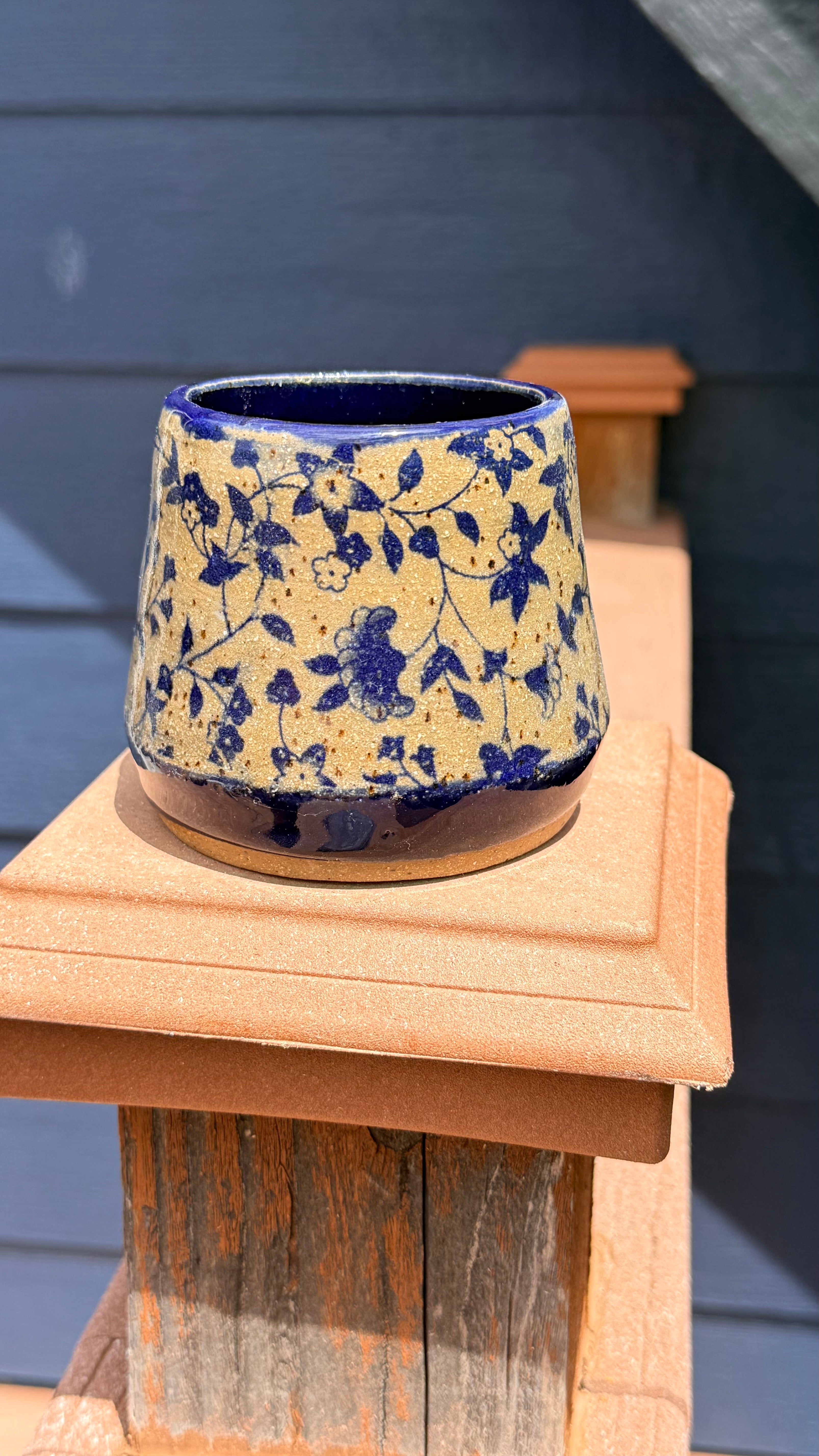 Handcrafted Small Floral Pot – Cobalt Blue with Floral Design (Discounted)