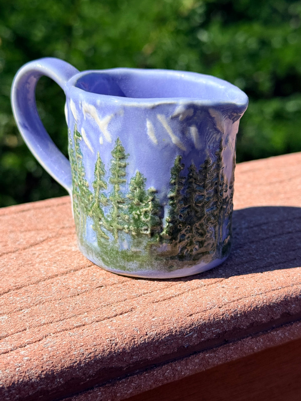 Handcrafted Tiny Cream Pitcher – Sky Blue with Embossed Forest & Mountains