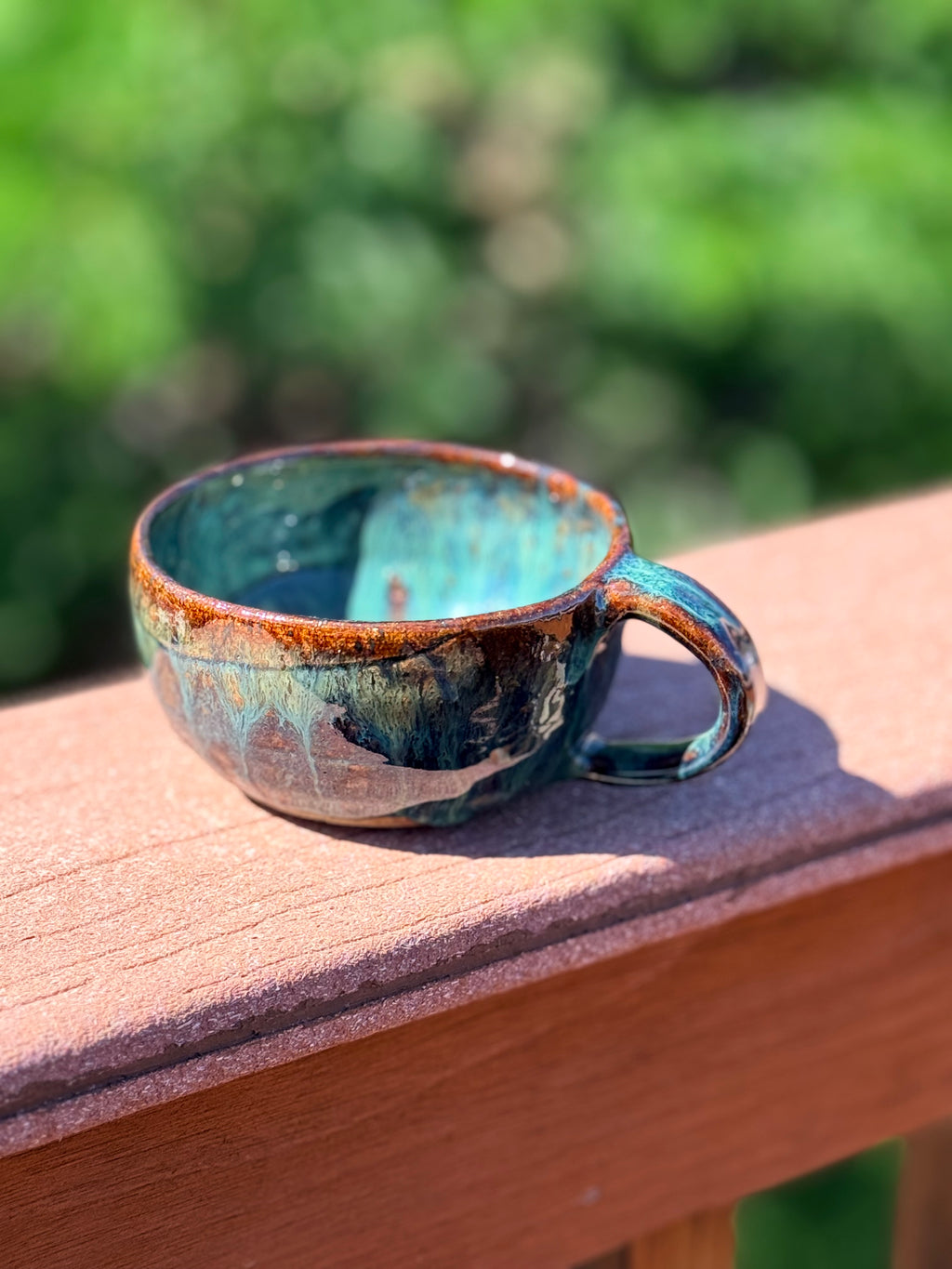 Handcrafted Cappuccino Cup – Brown Base with Opal Green Glaze