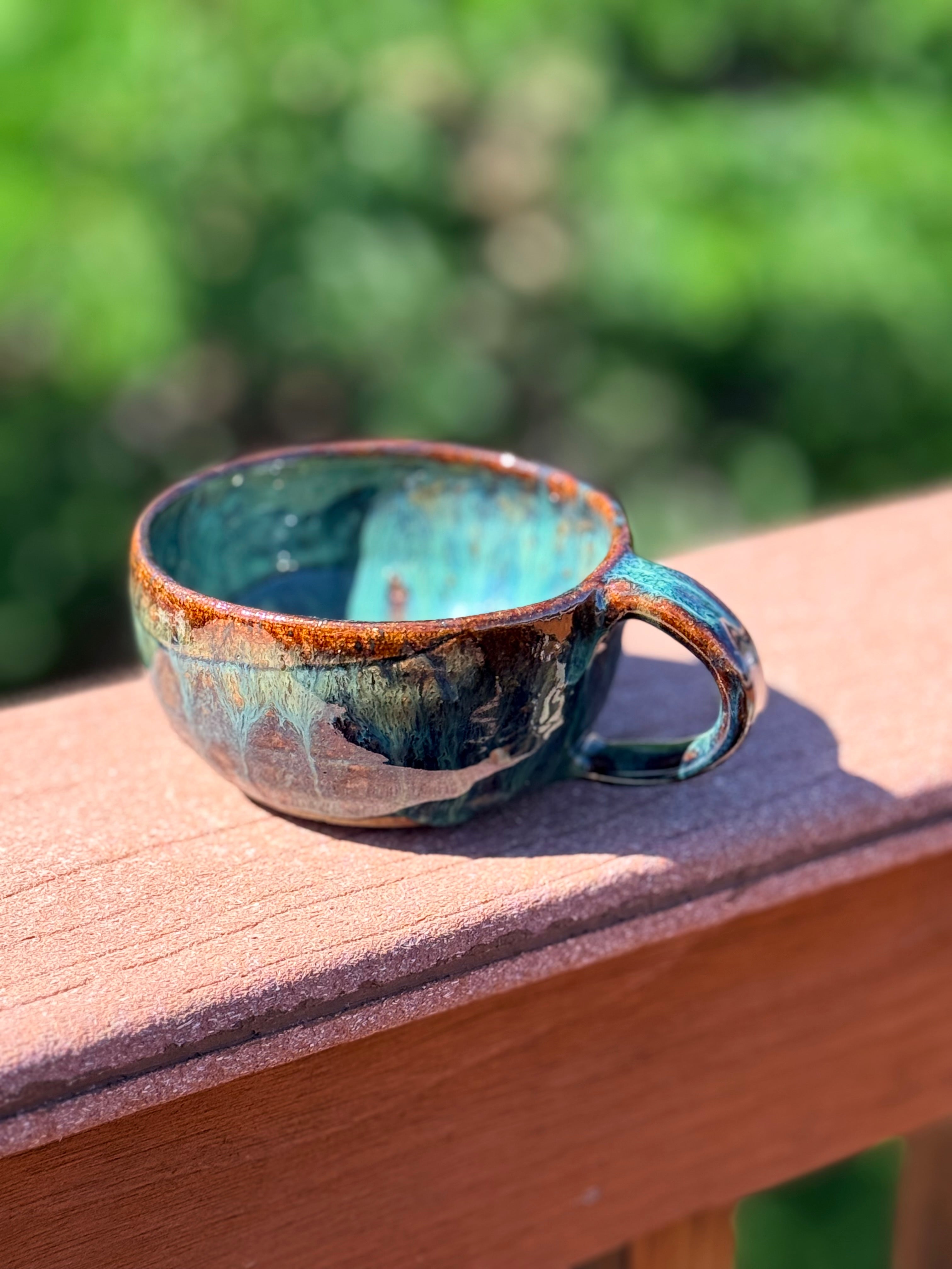Handcrafted Cappuccino Cup – Brown Base with Opal Green Glaze