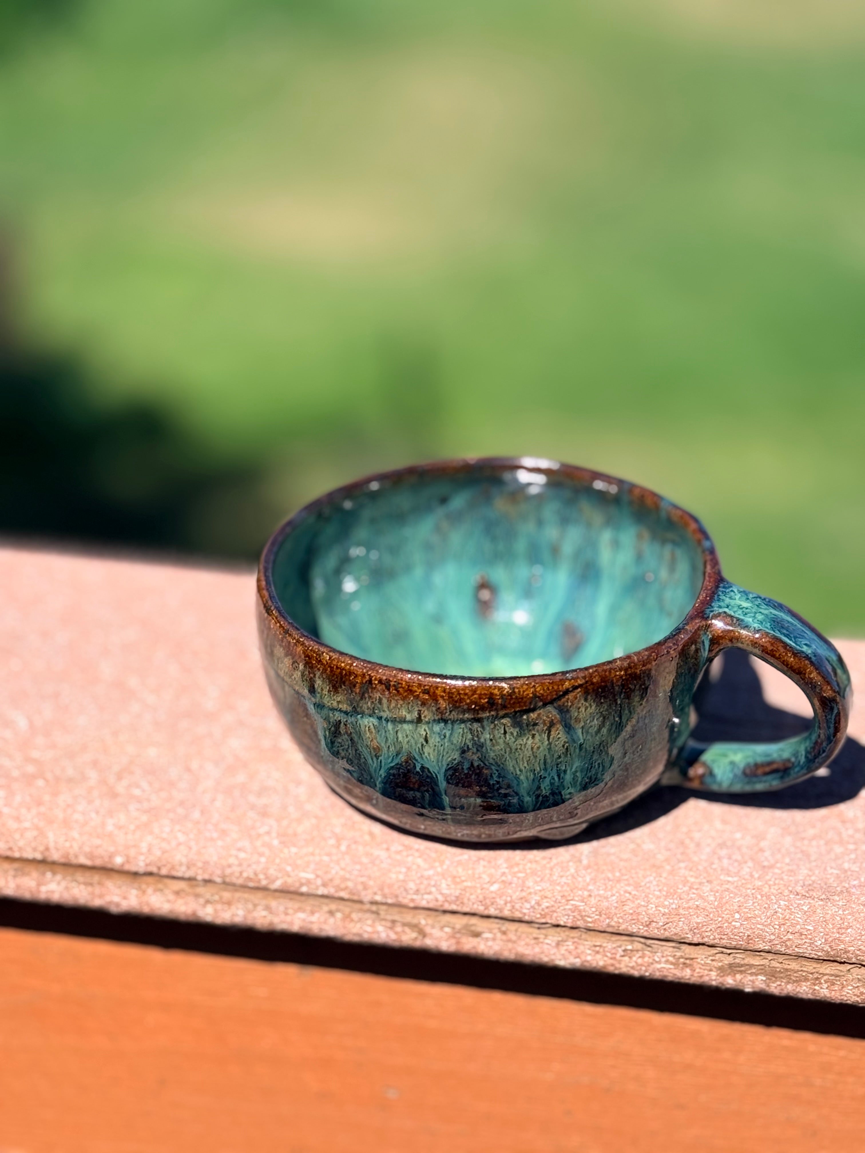Handcrafted Cappuccino Cup – Brown Base with Opal Green Glaze